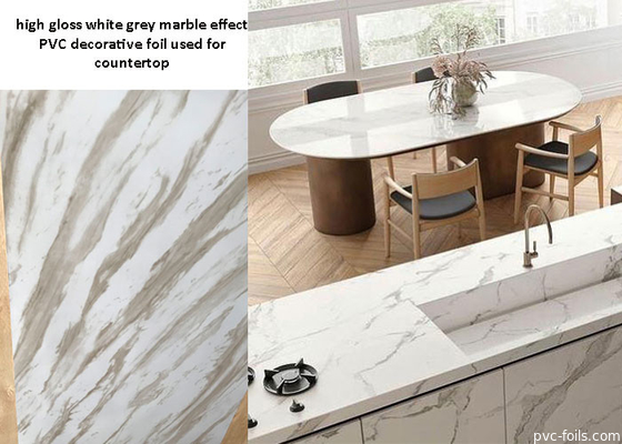 Màng trang trí PVC có độ bóng cao màu trắng xám bằng đá cẩm thạch cho mặt bàn
